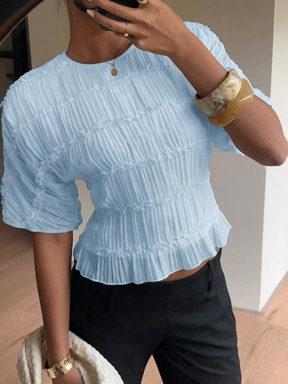 Baby Blue Casual Women's Elegant Baby Multi-Layer Lace Ruffle Crew Neck Blouse - Picture 1 of 7
